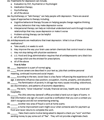 Solved 13. Treatments For Depression Can Include; A. 