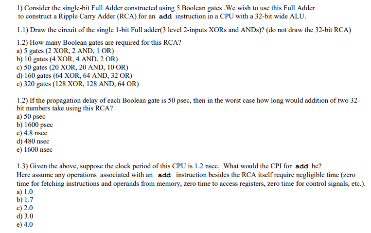 Solved 1) Consider the single-bit Full Adder constructed Chegg