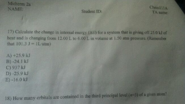 Solved Calculate the change in internal energy (Delta E) for | Chegg.com