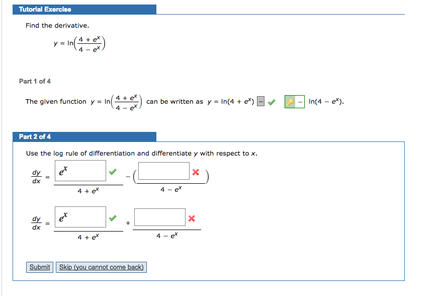 Solved Find The Derivative Y Ln E X E X The Chegg Com