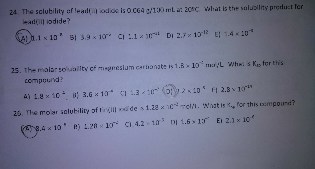 Solved 24. The solubility of lead(ll) odide is 0.064 g/100