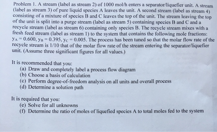 Solved a stream label as stream 2 of 1000 mol h enters a chegg