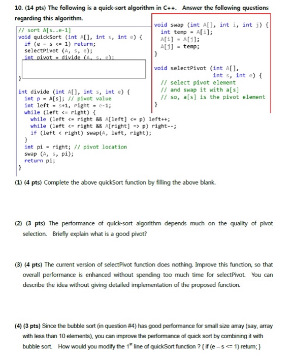 Solved 10. (14 pts) The following is a quick-sort algorithm | Chegg.com