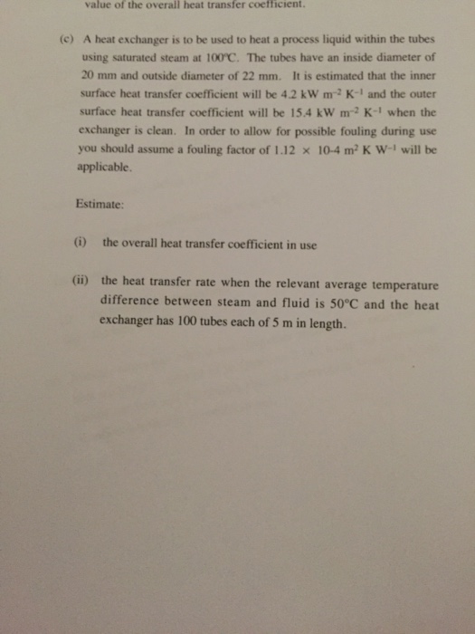 Solved value of the overall heat transfer coefficient. A | Chegg.com