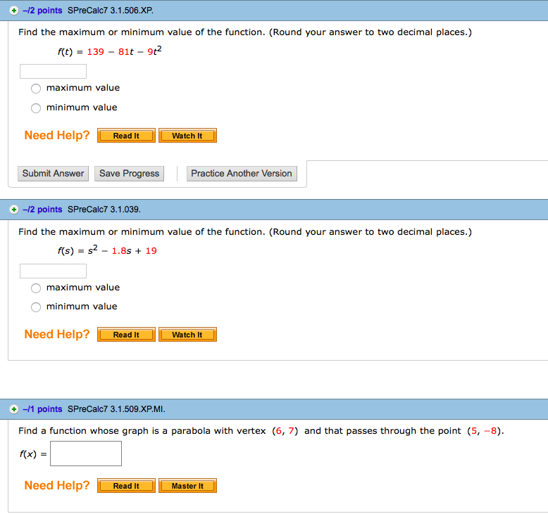 Solved T 2 Points SPreCalc7 3 1 506 XP Find The Maximum Or Chegg