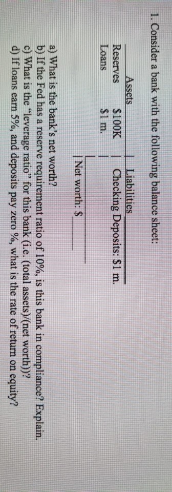 Solved 1. Consider a bank with the following balance sheet: | Chegg.com