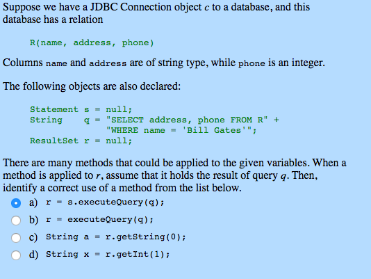 Solved Suppose we have a JDBC Connection object c to a | Chegg.com