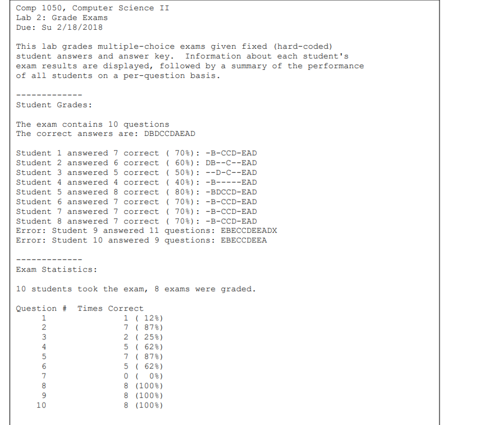 Comp 1050, Computer Science II Lab 2: Grade Exams | Chegg.com