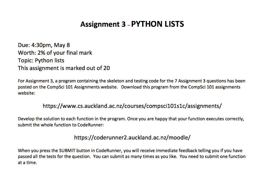 Assignment 3 -PYTHON LISTS Due: 4:30pm, May8 worth 2% | Chegg.com