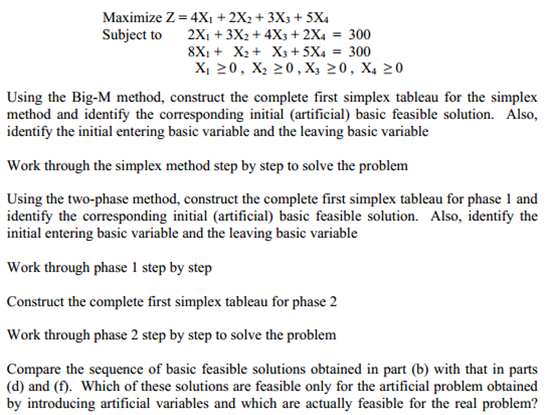 Maximize Z Subject to Using the Big-M method, | Chegg.com