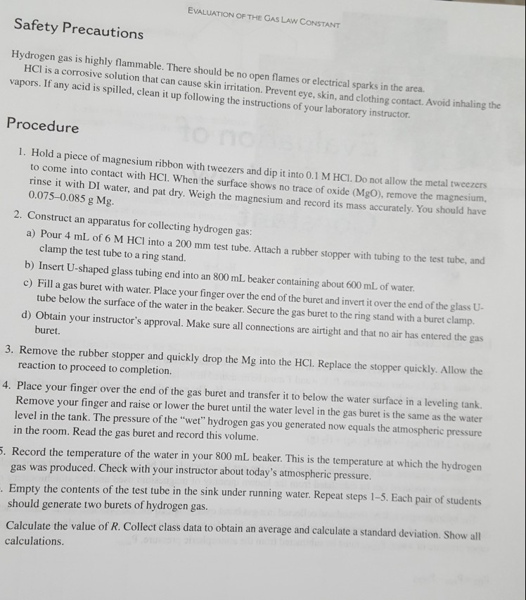 EVALUATION OF THE GAS LAw CONSTANT Safety Precautions