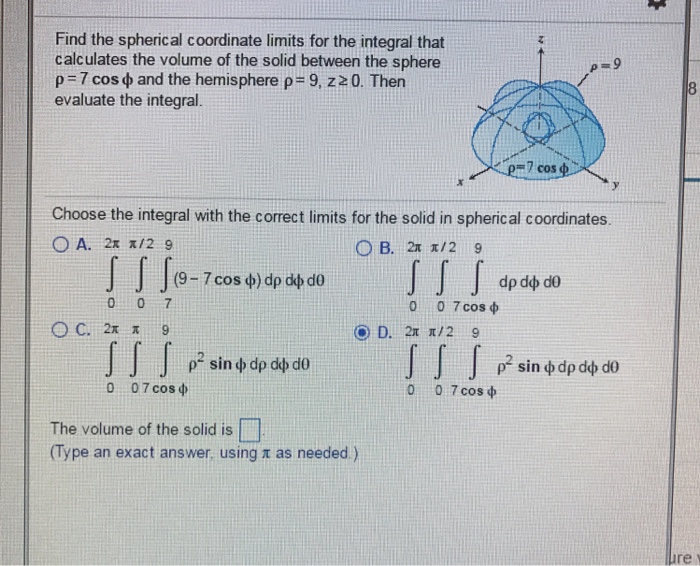 Solved Find the spherical coordinate limits for the integral