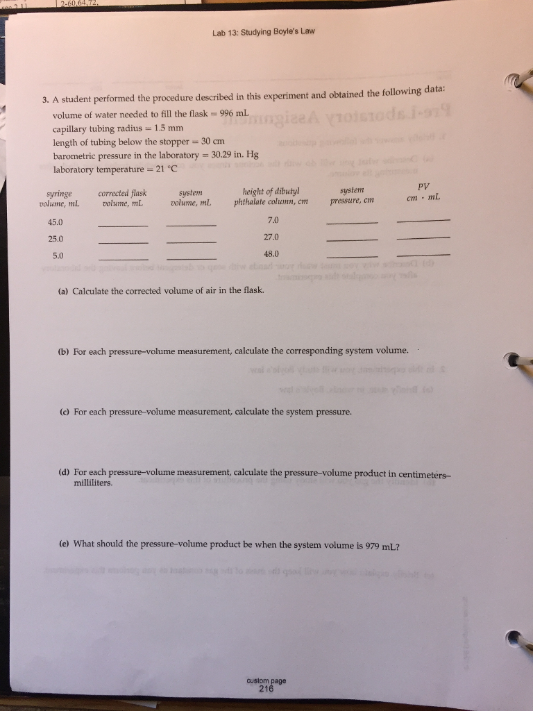 Solved: Lab 13 Studying Boyle's Law CALCULATIONS Do The Fo... | Chegg.com