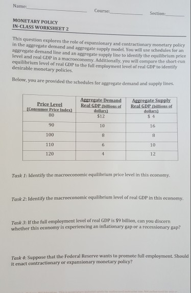 Solved: Name: Course: Section: MONETARY POLICY IN-CLASS WO... | Chegg.com