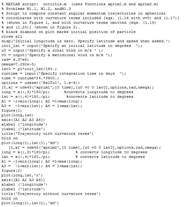 Using Matlab, run the coriolis.m script with the | Chegg.com