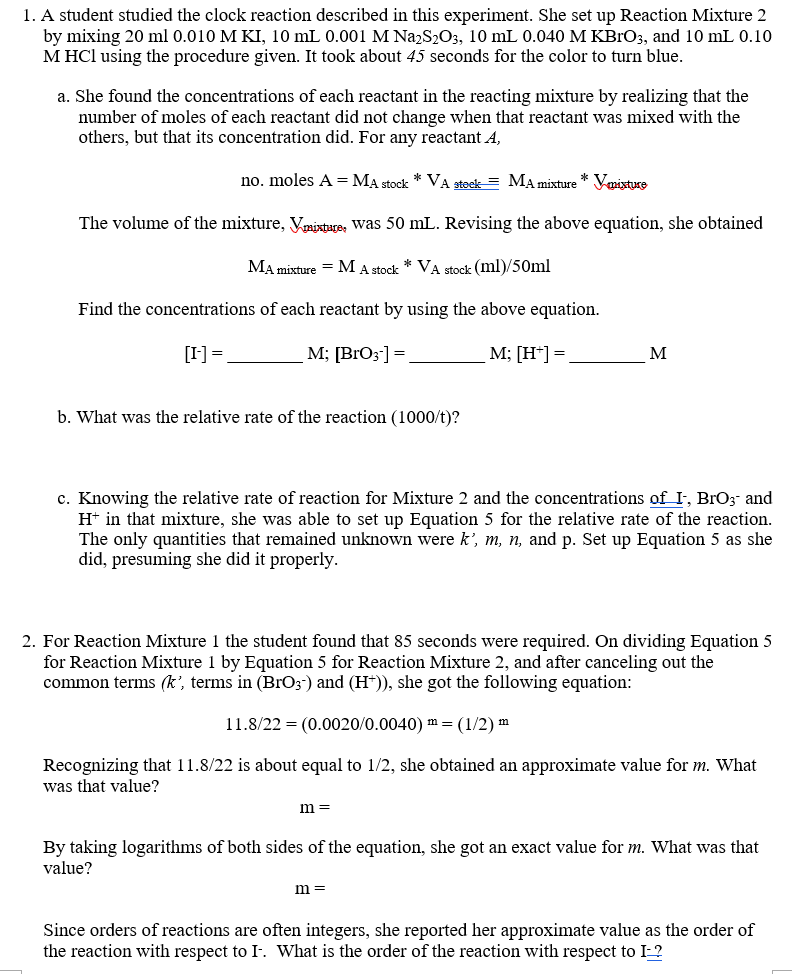 a student studied the clock reaction described in this experiment