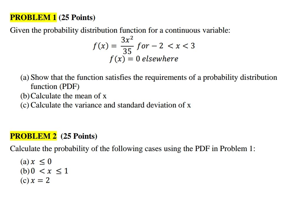 Solved Given the probability distribution function for a