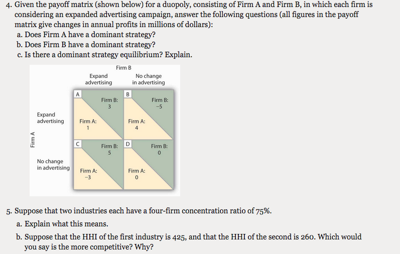 Solved 4. Given the payoff matrix (shown below) for a