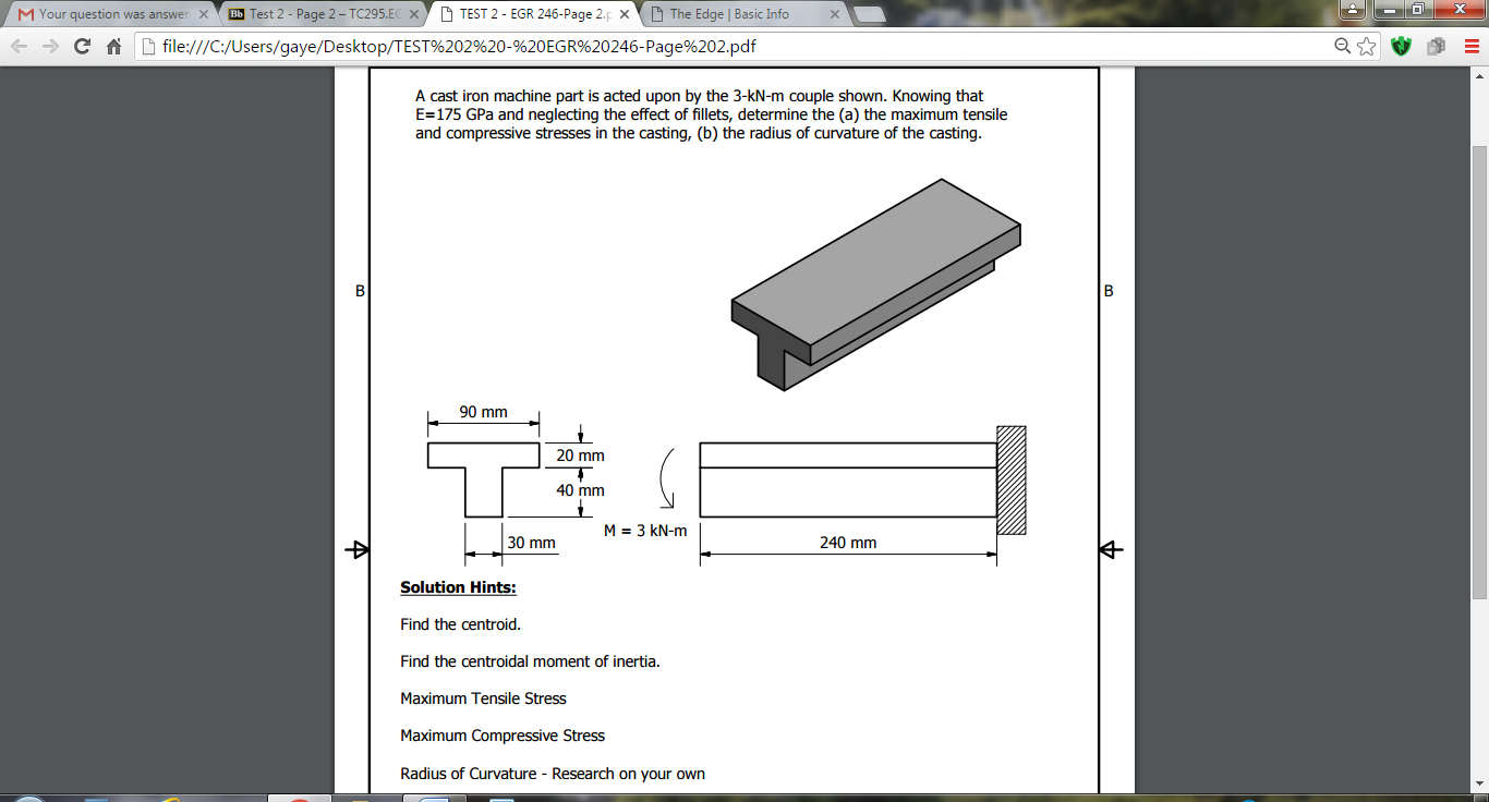 A cast iron machine part is acted upon by the 3kNm