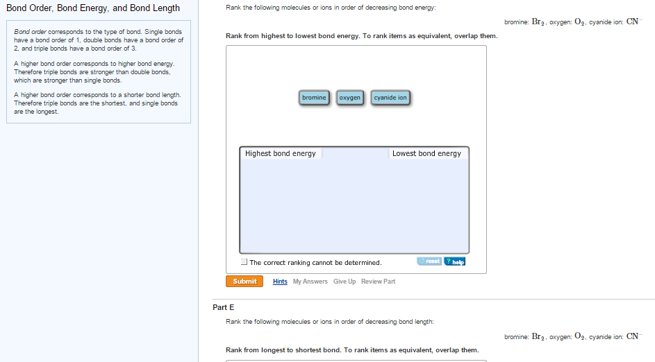 Solved Bond Order, Bond Energy, and Bond Length Rank the | Chegg.com