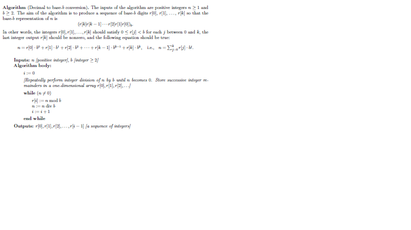 Algorithm (Decimal to base-b conversion). The inputs | Chegg.com