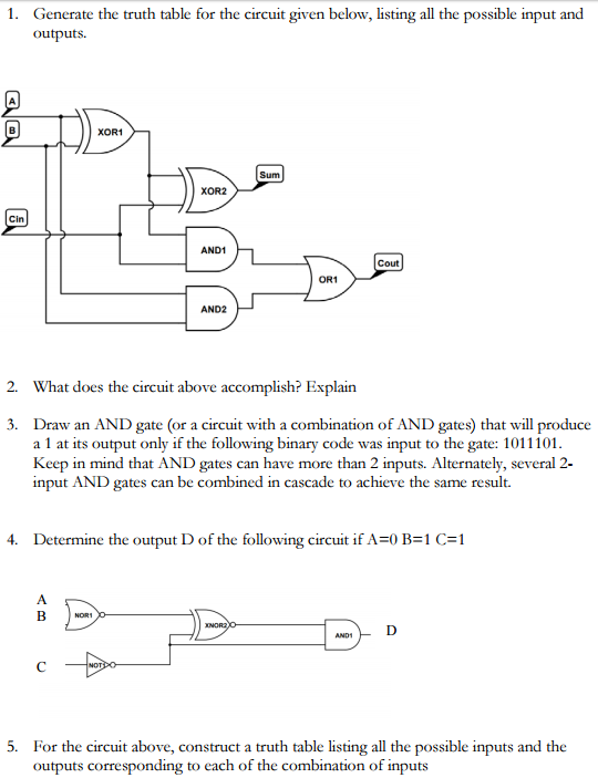 Solved 1. Generate the truth table for the circuit given | Chegg.com