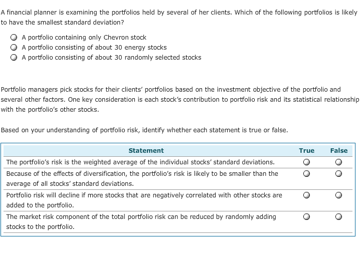Solved A financial planner is examining the portfolios held