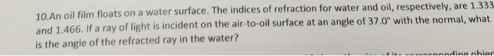 Solved An oil film floats on a water surface. The indices of | Chegg.com