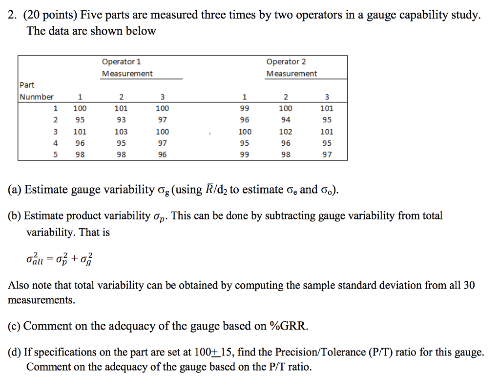 Solved 2. (20 points) Five parts are measured three times by