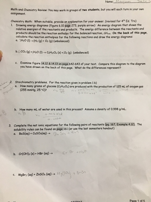 Solved Math and Chemistry Review: You may work in groups of | Chegg.com