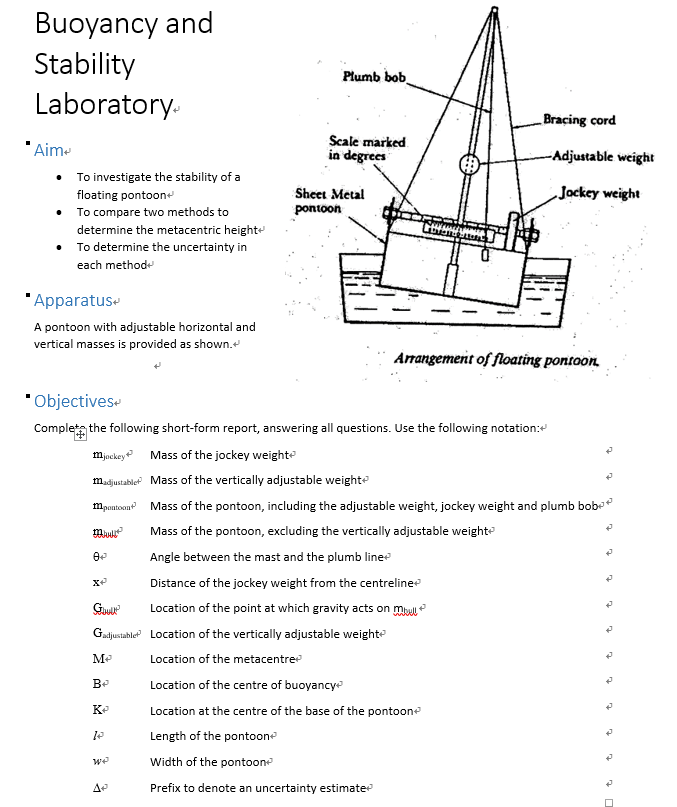 Solved Buoyancy and Stability Laboratory Plumb bob Bracing
