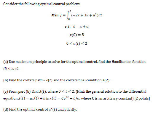 Consider The Following Optimal Control Problem: Min | Chegg.com