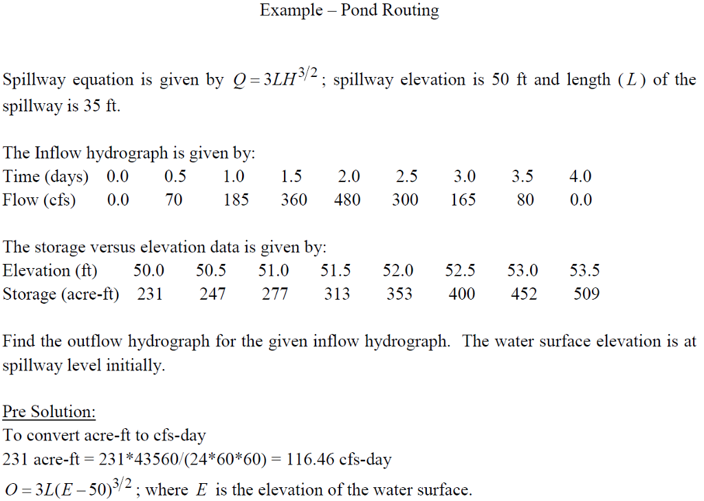 Example - Pond Routing 3/2 spillway elevation is 50 | Chegg.com