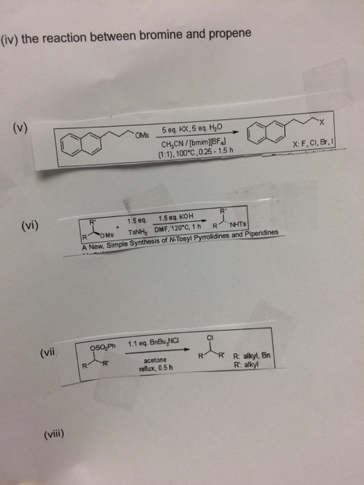 The reaction between bromine and propene