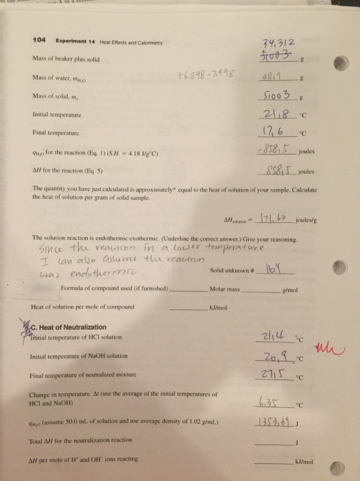Solved 104 Experiment 14 Heat Enects and Calorimetry 34,312 | Chegg.com