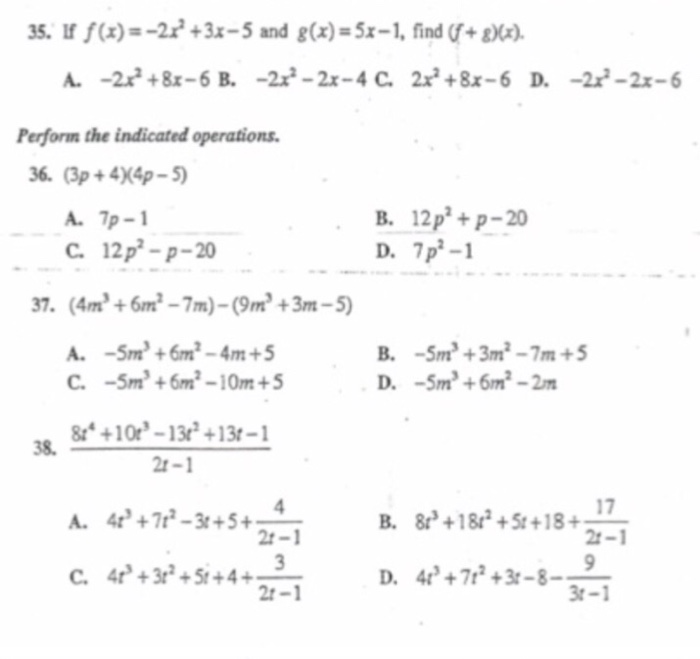 Solved If f(x) = -2x^2 + 3x - 5 and g(x) = 5x - 1, find(f +