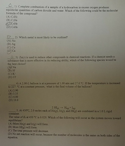 Solved 1) Complete combustion of a sample of a hydrocarbon | Chegg.com