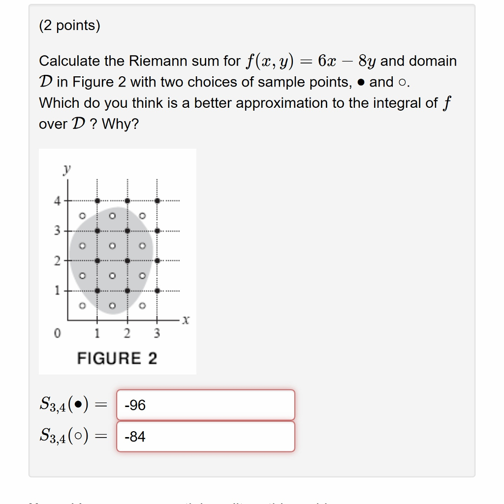 Calculate the Riemann sum for f(x, y) = 6x 8y and