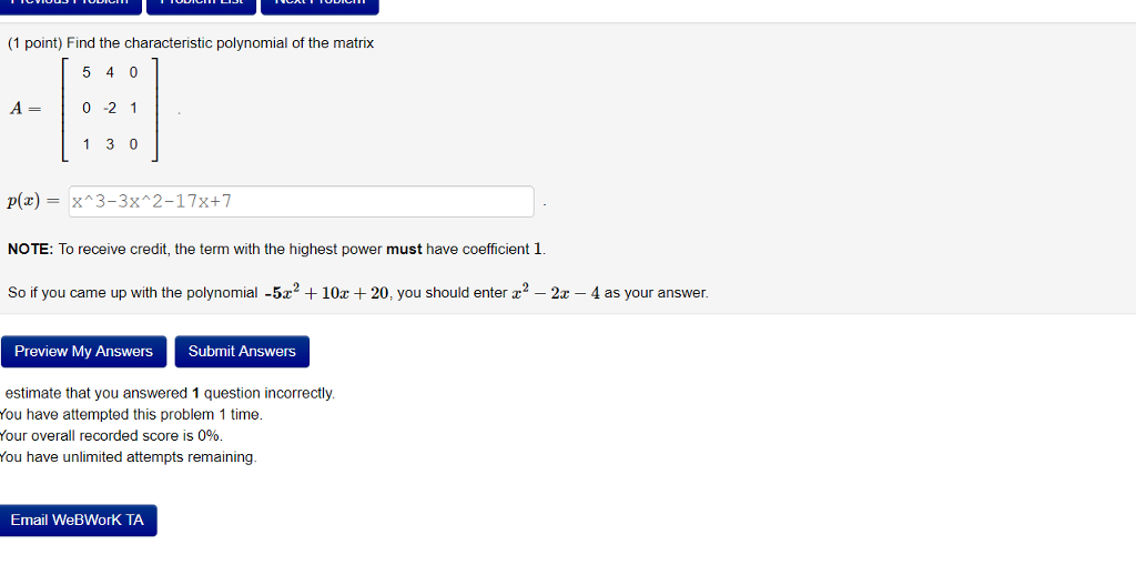 Solved (1 Point) Find The Characteristic Polynomial Of The | Chegg.com