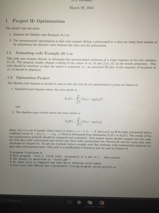 Solved March 29, 2016 1 Project II: Optimization The project | Chegg.com