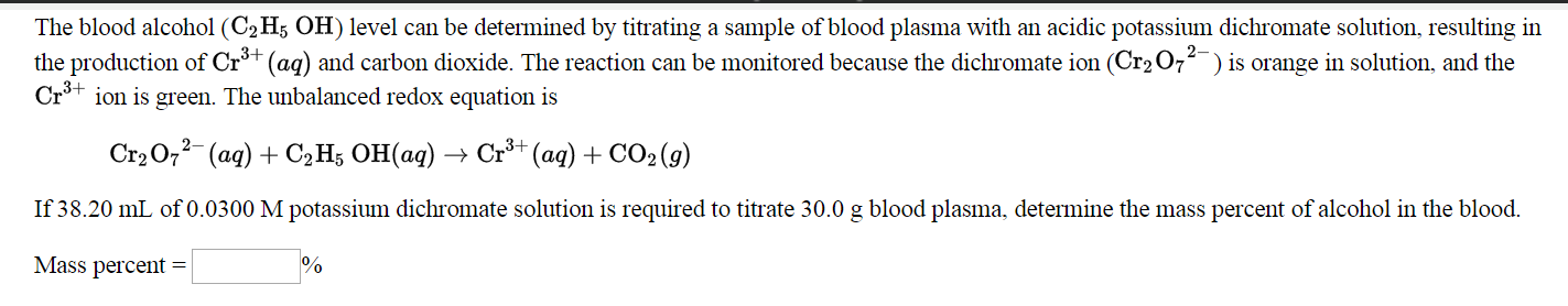 Solved The blood alcohol (C_2H_5 OH) level can be determined | Chegg.com