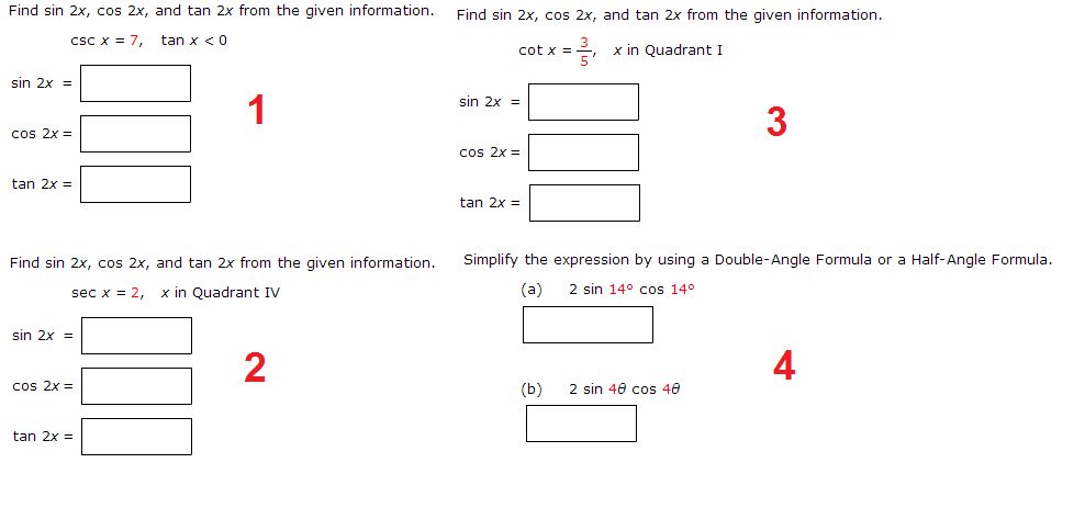 Solved Find Sin 2x Cos 2x And Tan 2x From The Given Chegg Com