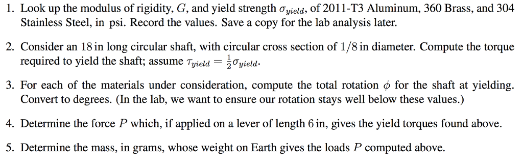 Solved 1. Look up the modulus of rigidity, G, and yield | Chegg.com