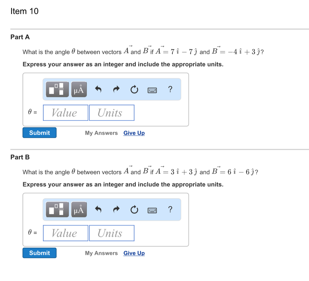 Solved What is the angle theta between vectors A vector and | Chegg.com