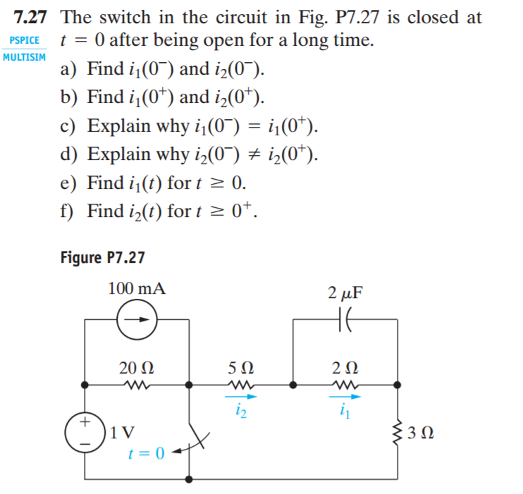 Solved The switch in the circuit in Fig. is closed at t = 0 | Chegg.com