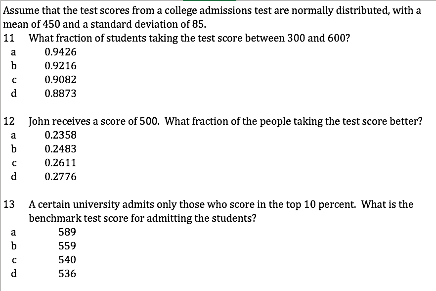 Solved Assume that the test scores from a college admissions
