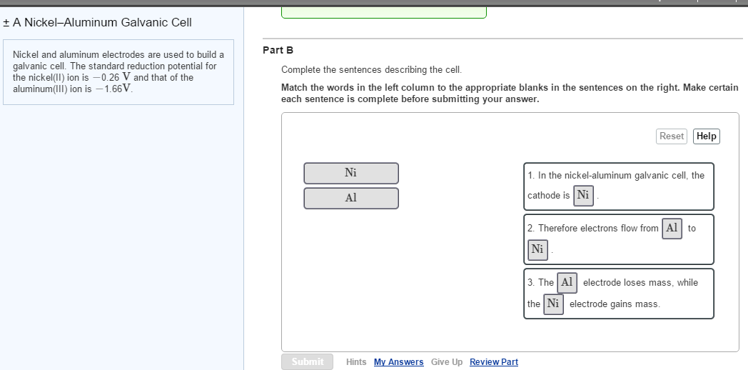 Solved ± A NickelAluminum Galvanic Cell Part B Nickel and