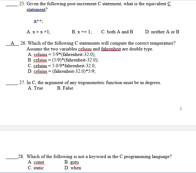 Solved 25. Given the following post-increment C statement, | Chegg.com