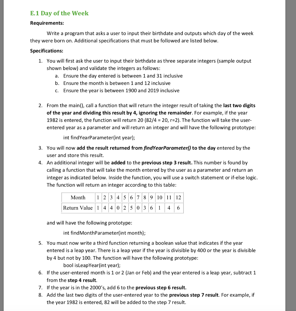 Solved E.1 Day of the Week Requirements: Write a program | Chegg.com