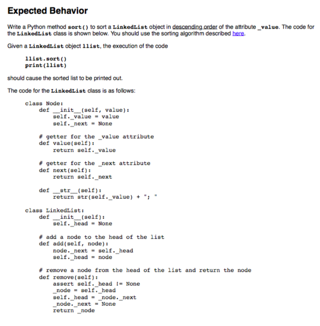 Solved Expected Behavior Write A Python Method Sort) To Sort | Chegg.com